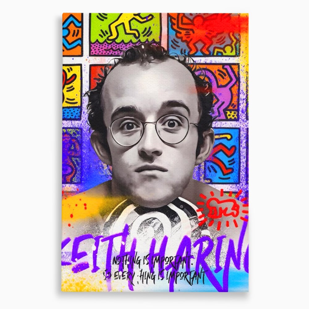 Tablou canvas cu tablou canvas cu portret alb negru si grafica keith haring, fara rama, pe sasiu de lemn